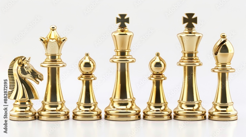 Luxurious golden chess pieces set on white background symbolizing strategy, elegance, and sophistication - Generative ai Luxurious golden chess pieces set on white background symbolizing strategy, elegance, and sophistication - Generative ai