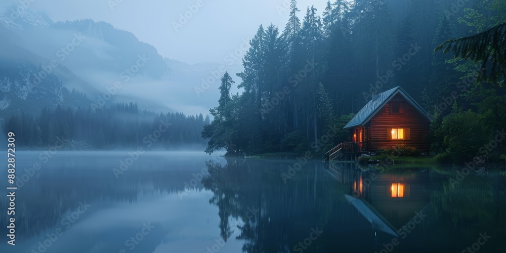 Fototapeta premium Illuminated Wooden house in the forest on a calm lake