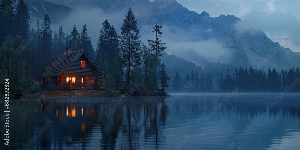 Fototapeta premium Illuminated Wooden house in the forest on a calm lake