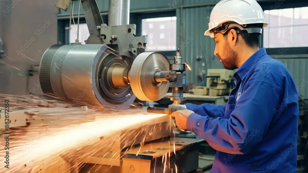 An engineer using a lathe while wearing a white hardhat and jumpsuit An engineer using a lathe while wearing a white hardhat and jumpsuit
