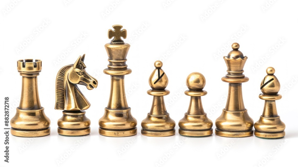 Set of gold chess pieces on a white background, symbolizing strategy, power, and elegance in board games - Generative ai Set of gold chess pieces on a white background, symbolizing strategy, power, and elegance in board games - Generative ai