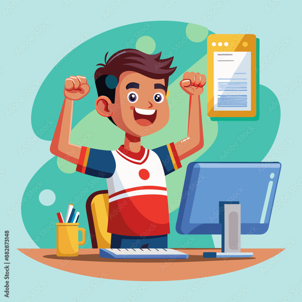 A Boy Pointing excitedly towards a computer monitor displaying a successful outcome.
A Boy Pointing excitedly towards a computer monitor displaying a successful outcome.