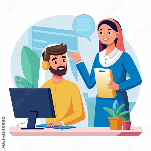 Middle Eastern Female, Young Adult : Pointing towards a customer service representative on a computer screen.
