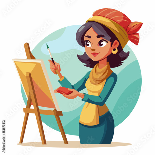 Middle Eastern Female, Young Adult : Holding a paintbrush, pointing towards a specific spot on a canvas.

