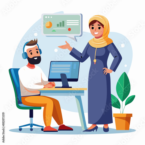 Middle Eastern Female, Young Adult : Pointing towards a customer service representative on a computer screen.
