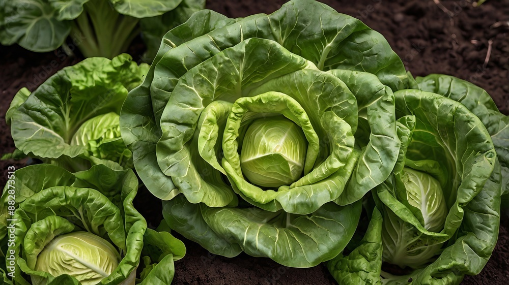 Fototapeta premium Round-headed green cabbage grows in the soil. The leaf layer is full of healthy nutrients.