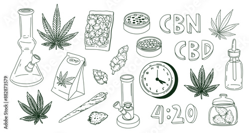 Cannabis elements set bong, marijuana leaf, joint and cbd oil. Vector illustration in doodle outline hand drawn style