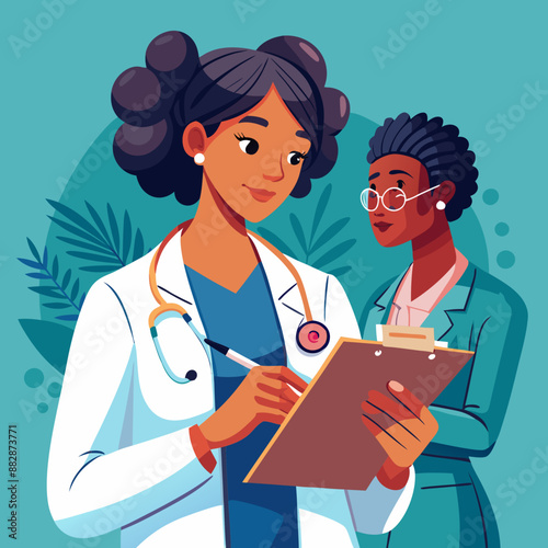 Black Female Carefully examining a patient's medical chart, a thoughtful expression on her face.
