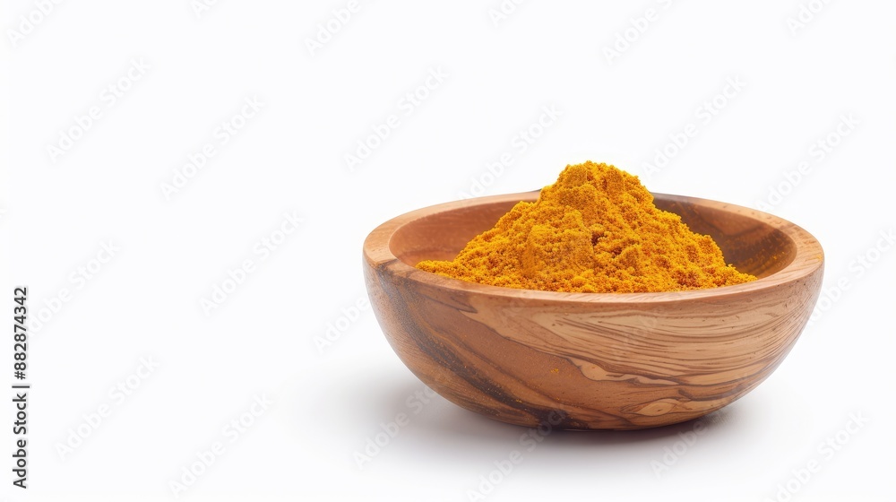 A wooden bowl filled with yellow turmeric powder and a sprig of green parsley, set on a white background. A wooden bowl filled with yellow turmeric powder and a sprig of green parsley, set on a white background.