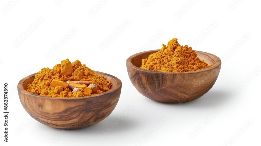 A wooden bowl filled with yellow turmeric powder and a sprig of green parsley, set on a white background A wooden bowl filled with yellow turmeric powder and a sprig of green parsley, set on a white background