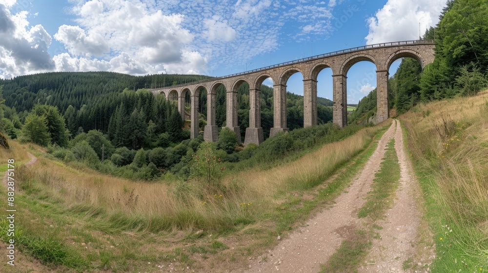 Naklejka premium A large stone viaduct bridge with multiple arches spans a dry riverbed surrounded by lush green trees and a clear blue sky.