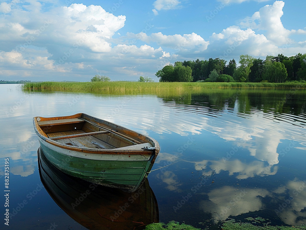 Obraz premium A Small Wooden Rowboat on a Tranquil Lake With Lush Greenery and a Cloudy Sky