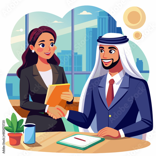 Middle Eastern Female Dressed in a business suit, confidently negotiating a deal with a potential client. 