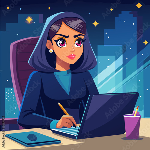 Middle Eastern Female Coding with focus and determination, her eyes glued to the computer screen.
