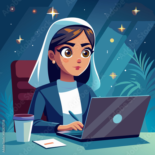 Middle Eastern Female Coding with focus and determination, her eyes glued to the computer screen.
