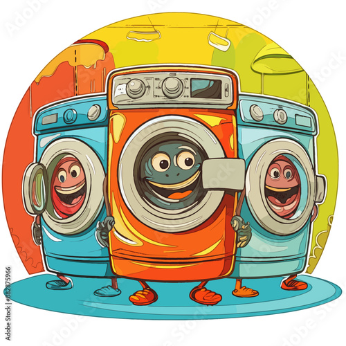 A series of cheerful cartoon washing machines with smiling faces, promoting self-service laundromats. Fun and engaging illustrations ideal for laundry advertising and branding campaigns.