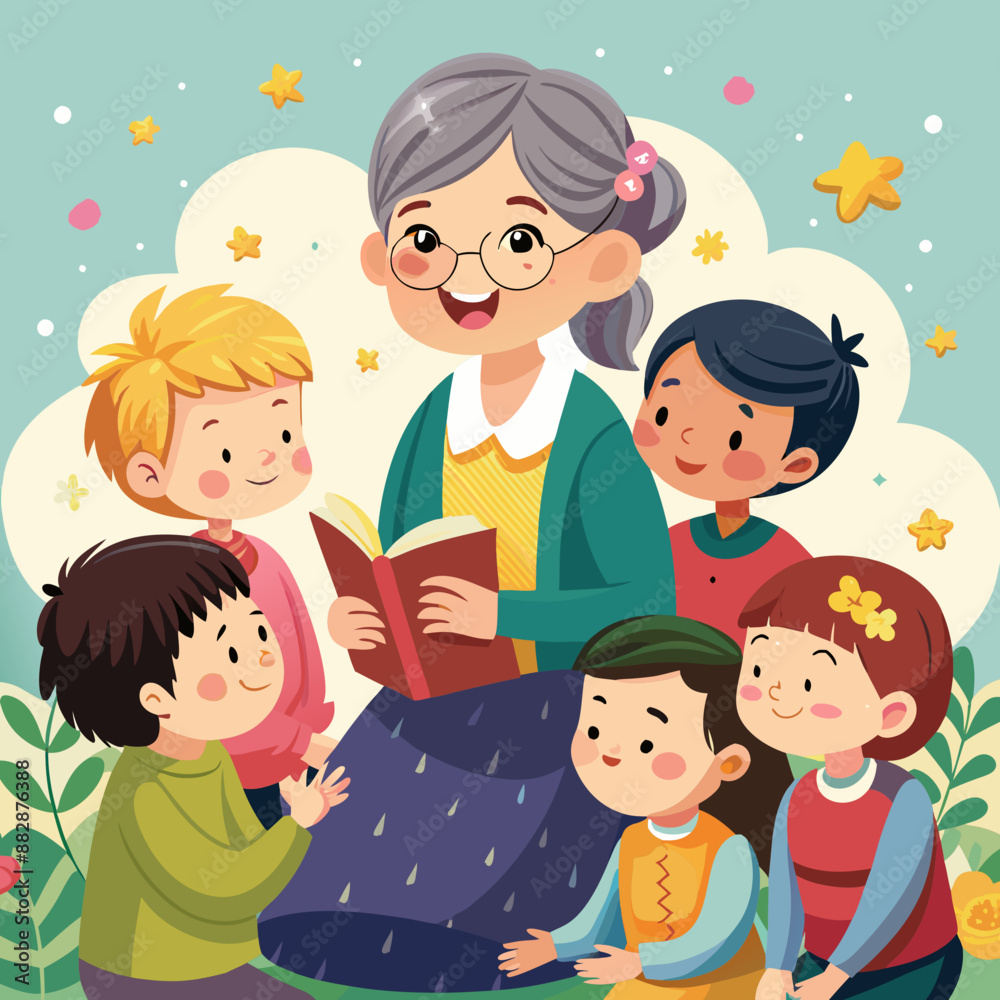 Senior Asian Female Sharing a story with a group of children, her eyes sparkling with joy.
Senior Asian Female Sharing a story with a group of children, her eyes sparkling with joy.