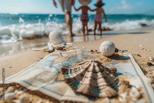 A family treasure hunt on the beach with a map leading to holidaythemed surprises