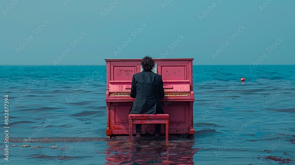 Pianist in front of a pink piano playing the piano on a blue sea, contrast, distant view, very moody, pianist on the sea, artistic Pianist in front of a pink piano playing the piano on a blue sea, contrast, distant view, very moody, pianist on the sea, artistic