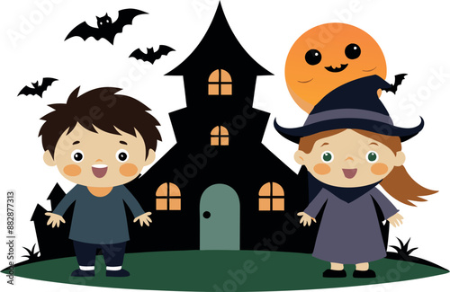 Kids in Halloween costumes outside a haunted house