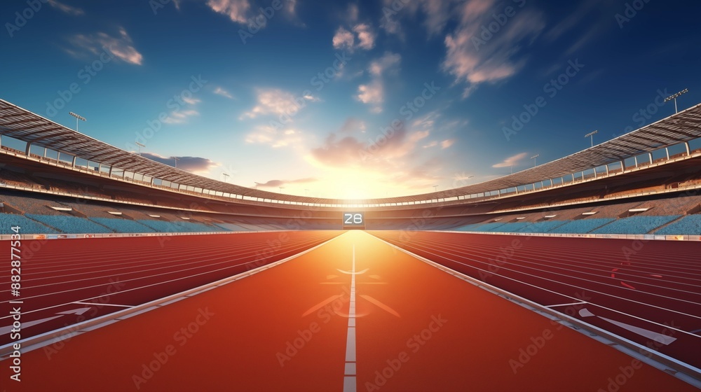 Obraz premium front view of an athletics stadium with a racetrack and starting blocks.