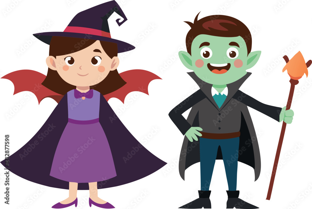 Kids dressed as vampire and witch with wands Kids dressed as vampire and witch with wands