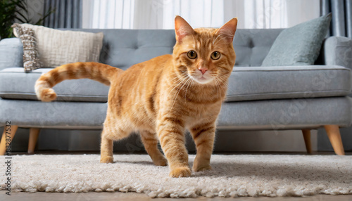 Orange tabby cat walking on the carpet in front of sofa in living room. Cute kitten portrait