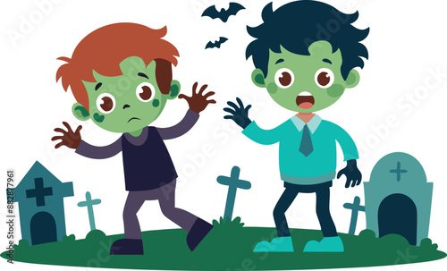 Kids dressed as zombies in a spooky graveyard