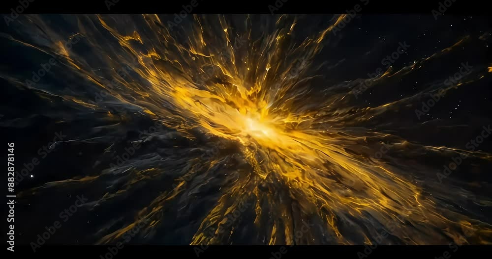 Slow zoom in through the endless golden space lights, animated stars and nebulas in dark infinite space