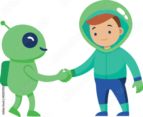 Boy and alien shaking hands in costumes