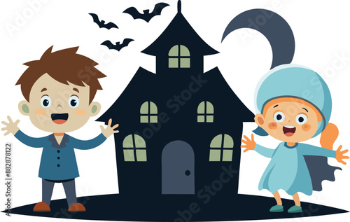 Kids in costumes outside a haunted house