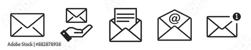 Email icon set. Set of 5 outline icons related to email. Linear icon collection. Email outline icons collection. Editable stroke. Vector illustration.