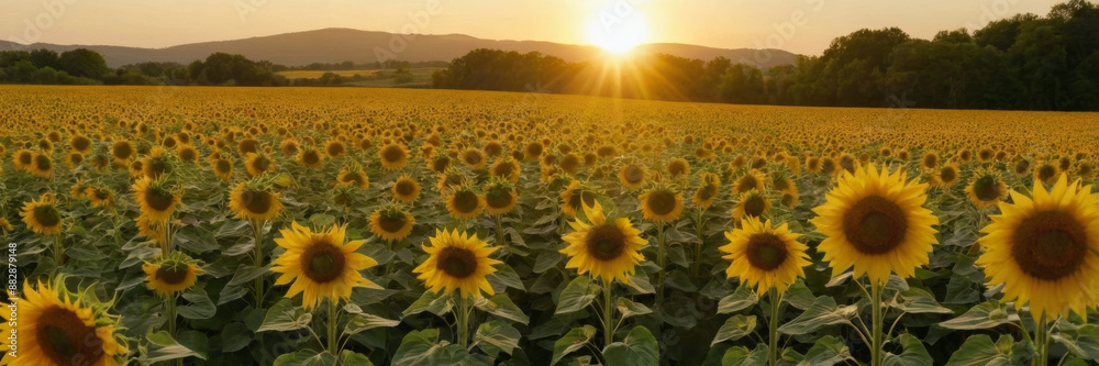 Fototapeta premium A picturesque sunflower field in full bloom with the sun shining brightly overhead.
