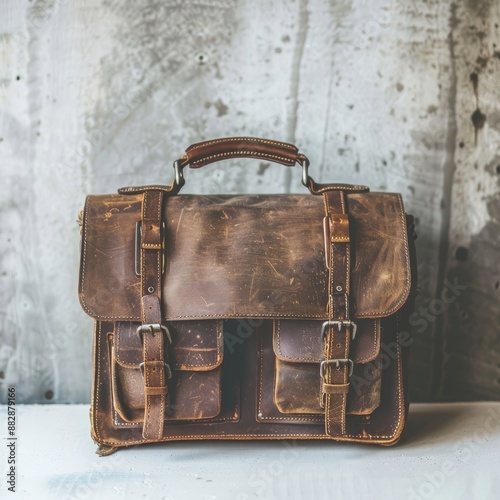 Vintage leather briefcase on modern desk with opened compartment against concrete wall