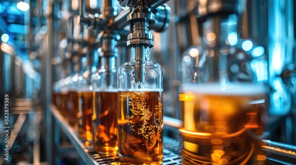 Beer pasteurizing in advanced equipment, with digital controls and modern design, in a high-tech brewery, focusing on safety and longevity. Beer pasteurizing in advanced equipment, with digital controls and modern design, in a high-tech brewery, focusing on safety and longevity.