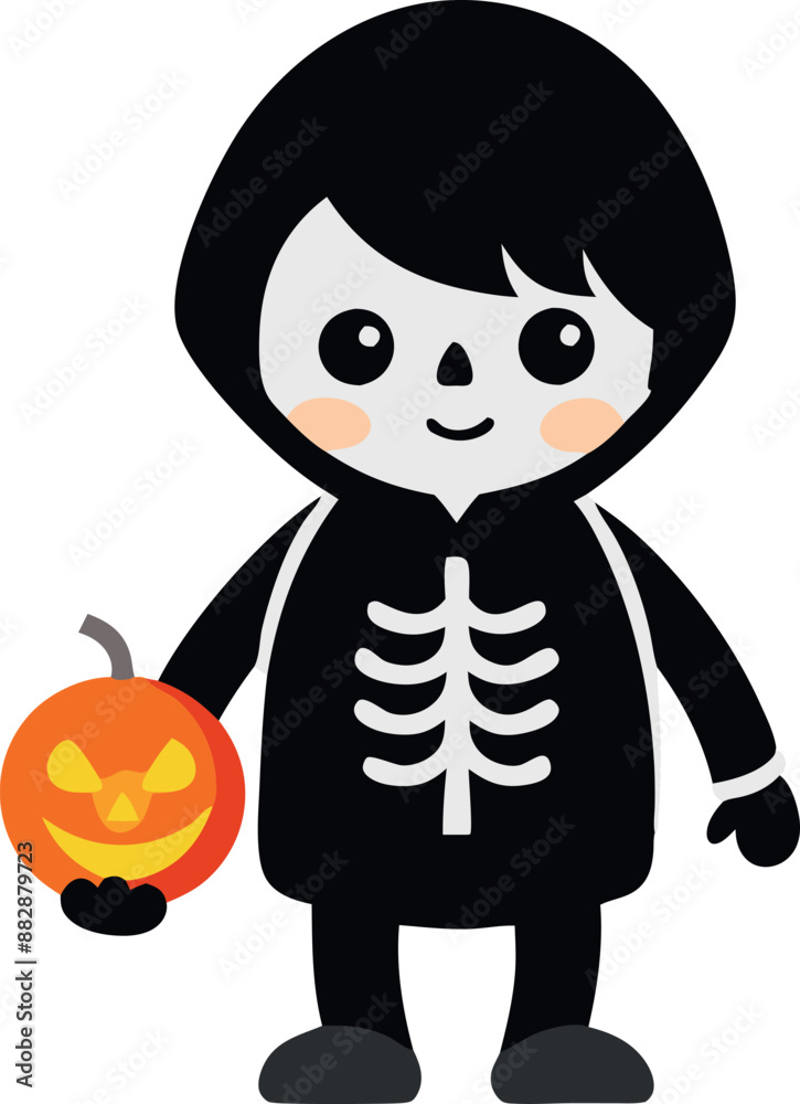 Kid dressed as a skeleton holding a pumpkin basket Kid dressed as a skeleton holding a pumpkin basket
