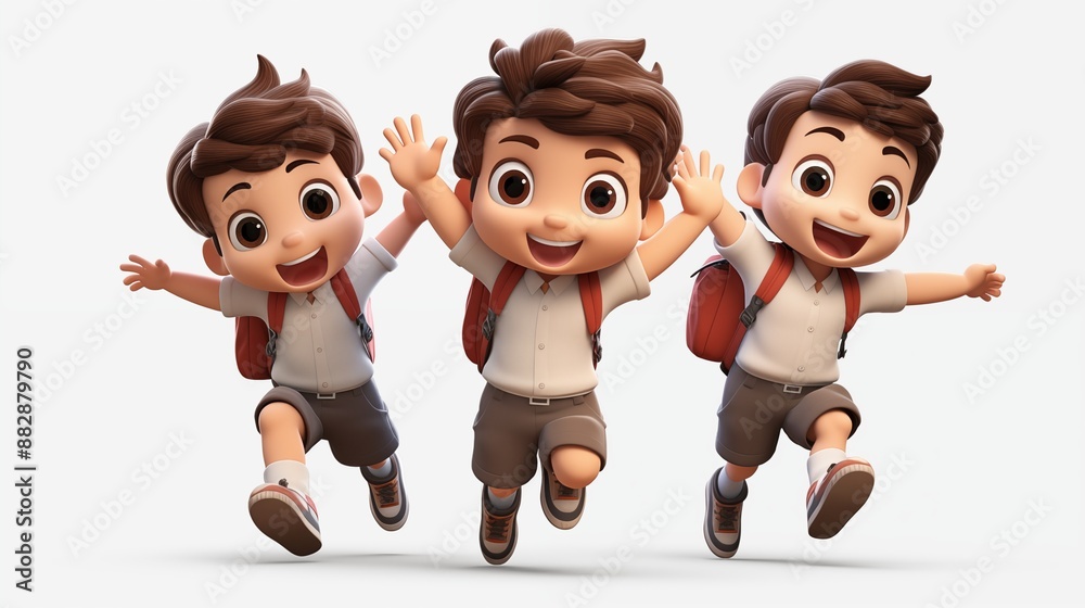 Group of 3D cartoon character cute student kids boy dancing, isolated on white and transparent background
