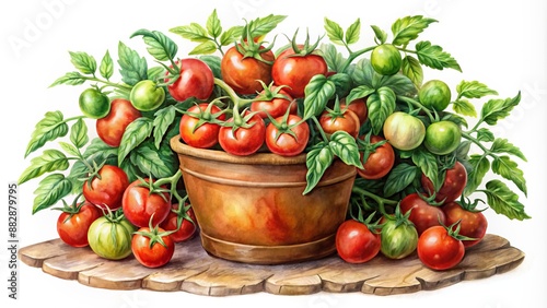 Vibrant watercolor illustration of a lush green tomato plant overflowing with juicy red tomatoes in a charming rustic clay pot.