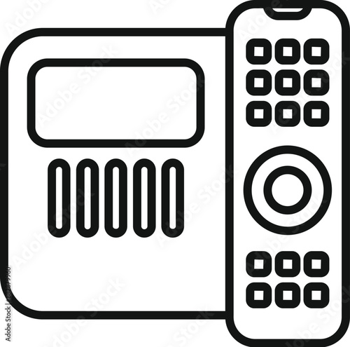 Line drawing of an intercom system with keypad, display screen and handset