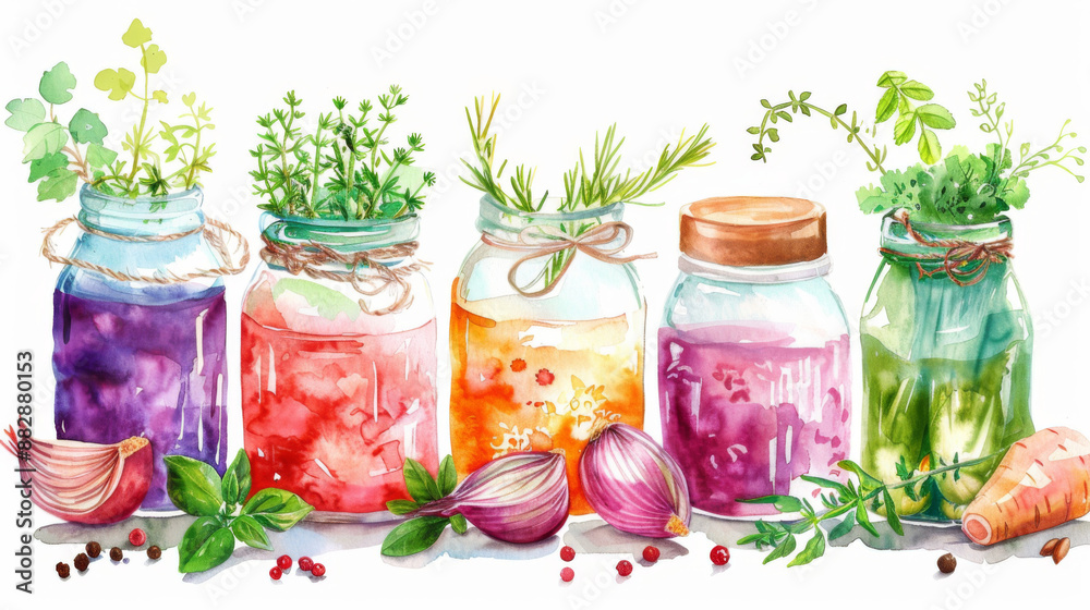 Jars of pickled vegetables and herbs, watercolor style, fermentation, healthy eating