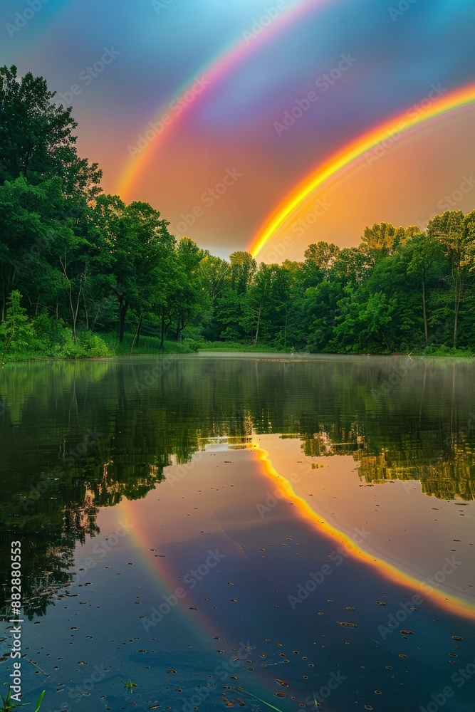 Naklejka premium Stunning Double Rainbow Over Serene Forest Lake at Sunset with Vibrant Colors and Reflective Water