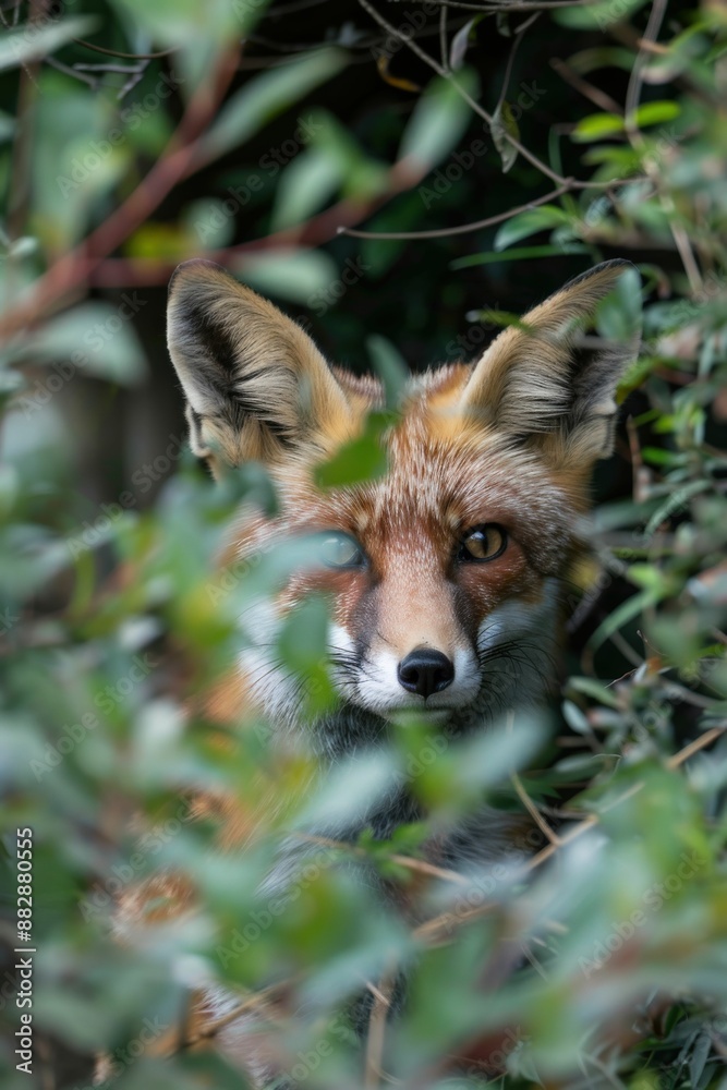 Close-Up of a Red Fox Peeking Through Dense Green Foliage in a Natural Habitat Close-Up of a Red Fox Peeking Through Dense Green Foliage in a Natural Habitat