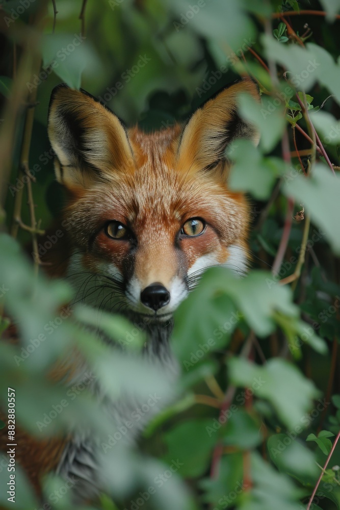 Close-Up of a Red Fox Peeking Through Lush Green Foliage in a Forest Setting Close-Up of a Red Fox Peeking Through Lush Green Foliage in a Forest Setting