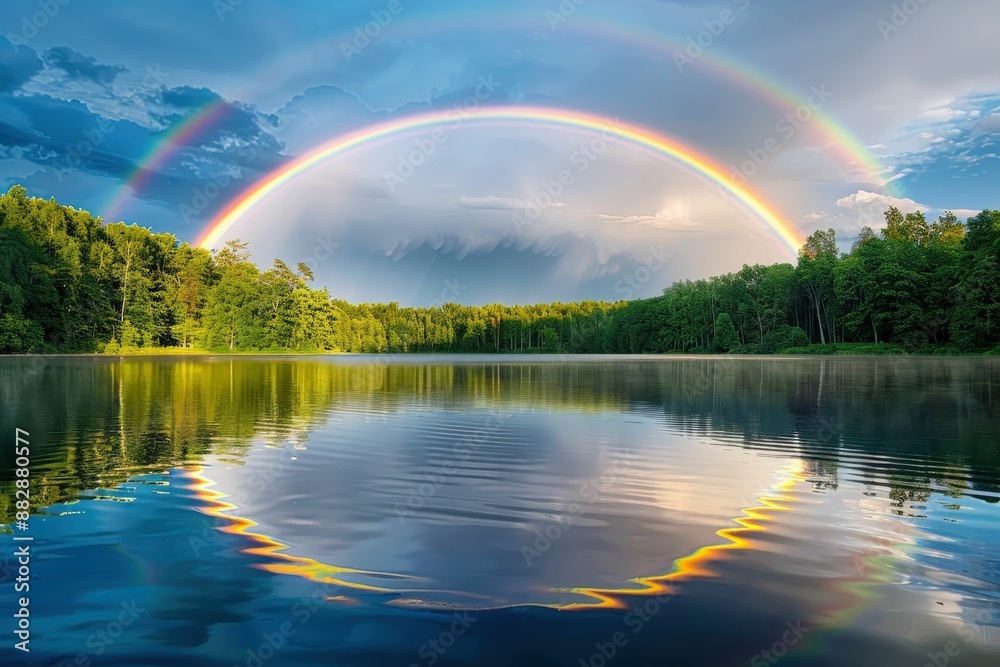 Naklejka premium Stunning Double Rainbow Over Serene Lake with Forest Reflections and Dramatic Sky