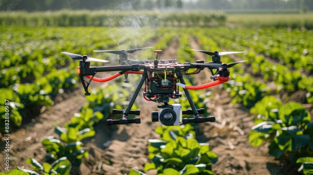 applying fertiliser using a drone to green vegetable plants Farm automation and agriculture technology applying fertiliser using a drone to green vegetable plants Farm automation and agriculture technology