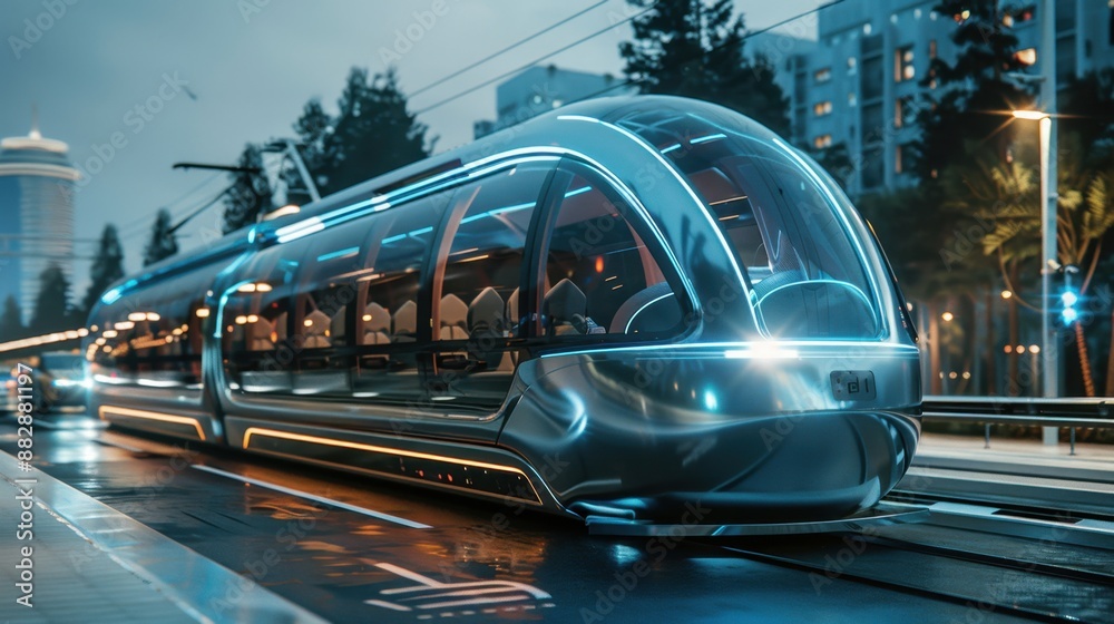 Fototapeta premium A futuristic public transportation system powered by renewable energy, with sleek, modern vehicles and advanced infrastructure, emphasizing emission reduction.