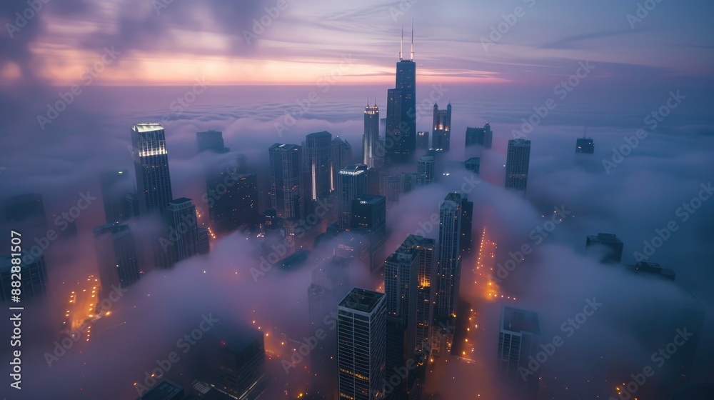 Downtown with skyscrapers submerged in think fog. Picture taken from unique view. Tall buildings. Early morning glow Downtown with skyscrapers submerged in think fog. Picture taken from unique view. Tall buildings. Early morning glow