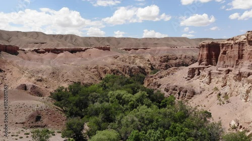 The beautiful Temirlik Canyon in Kazakhstan. Unusual red rocks frame the river covered with lush vegetation. Flying over the canyon photo