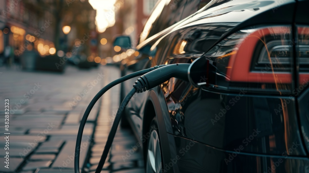 A high-quality photo of an electric vehicle being charged, New technology, environmental protection A high-quality photo of an electric vehicle being charged, New technology, environmental protection