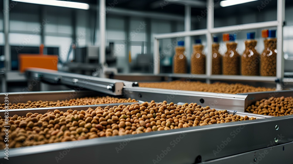 Close-up view of an automated production line for dry pet food, showcasing machinery precision and kibble quality control. Close-up view of an automated production line for dry pet food, showcasing machinery precision and kibble quality control.